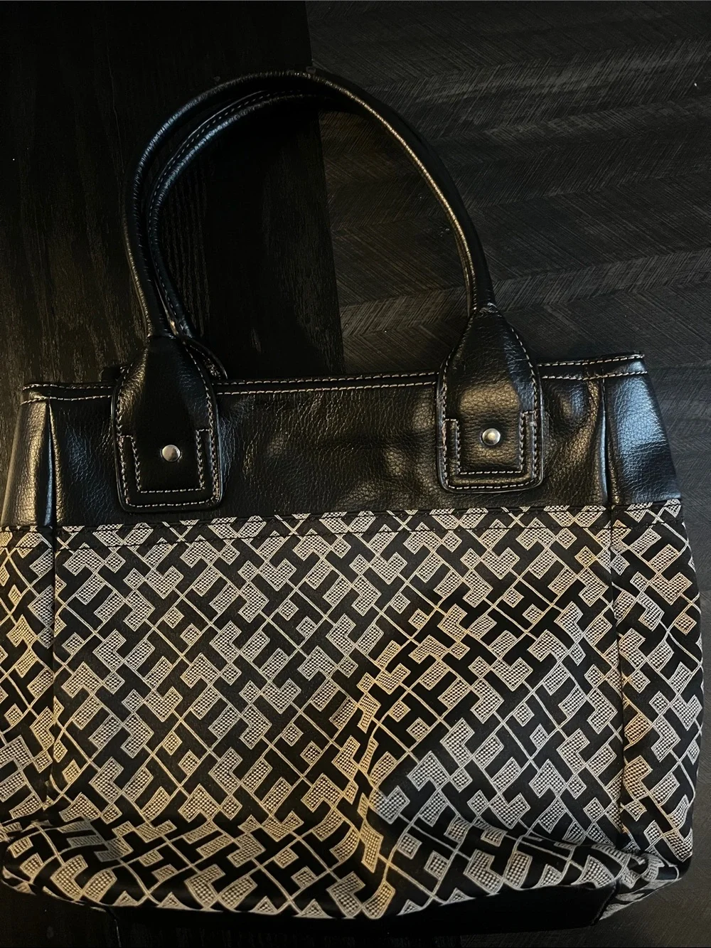 Black and Cream Patterned Tote Bag with Center Stripe